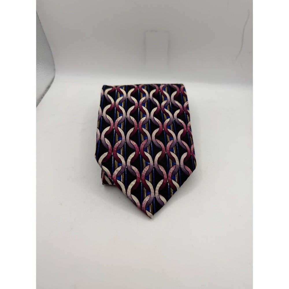 Monsieur Givenchy Silk Tie Mens Purple Blue Geometric Chain Link Pattern Vintage